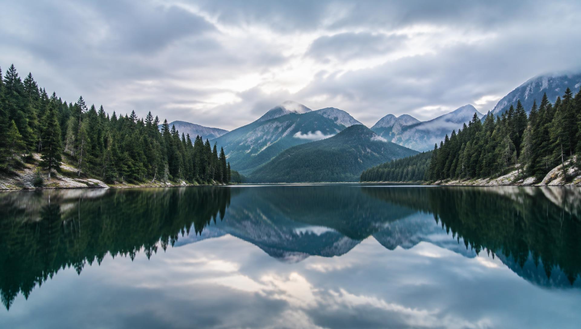 Un lac paisible entouré de forêts, reflétant le ciel