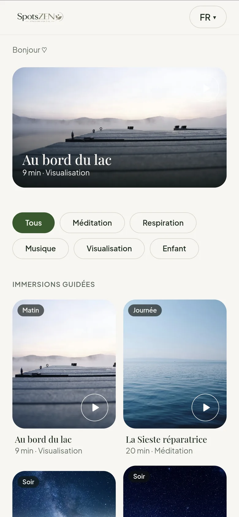 Bibliothèque Spots Zen avec l'audio recommandé selon l'heure